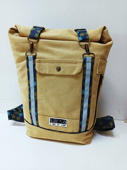Sac à dos coursier toile Cayman jaune - coton feuilles bleu