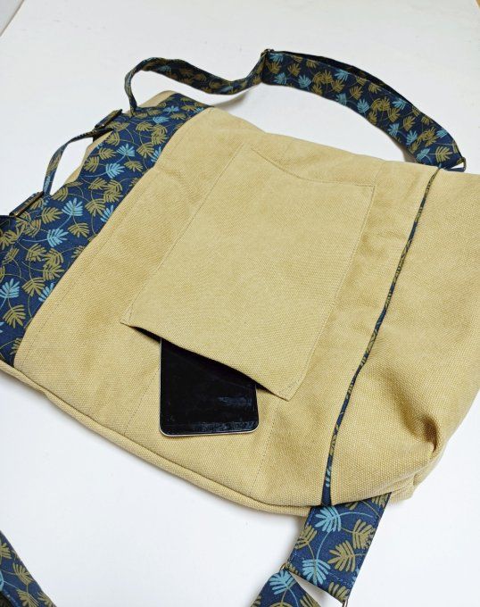 Sac à dos coursier toile Cayman jaune - coton feuilles bleu