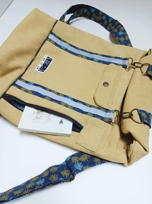 Sac à dos coursier toile Cayman jaune - coton feuilles bleu
