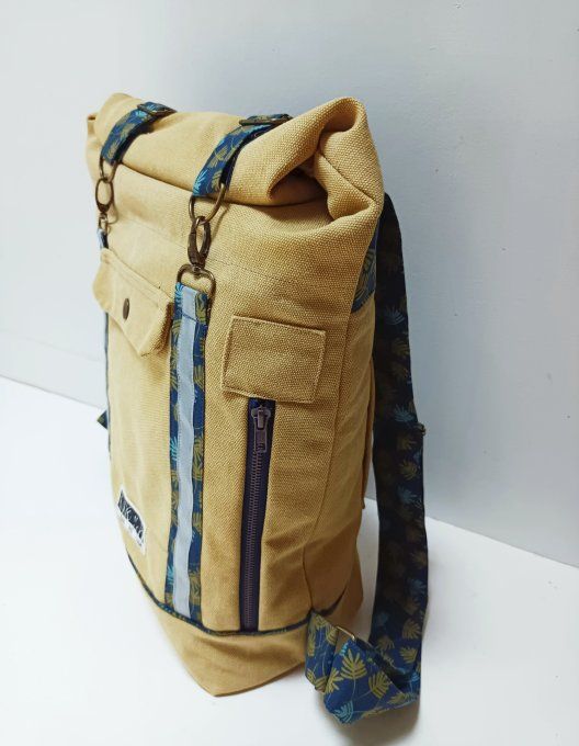 Sac à dos coursier toile Cayman jaune - coton feuilles bleu