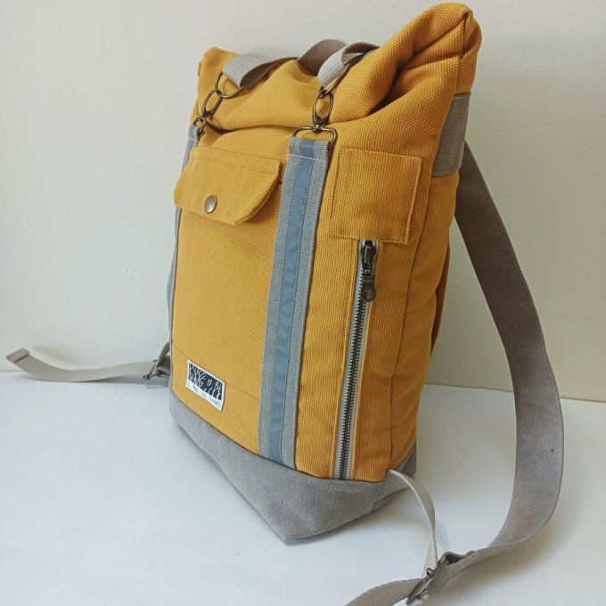Sac à dos coursier toile coton Thèbes safran - Toile Cayman beige