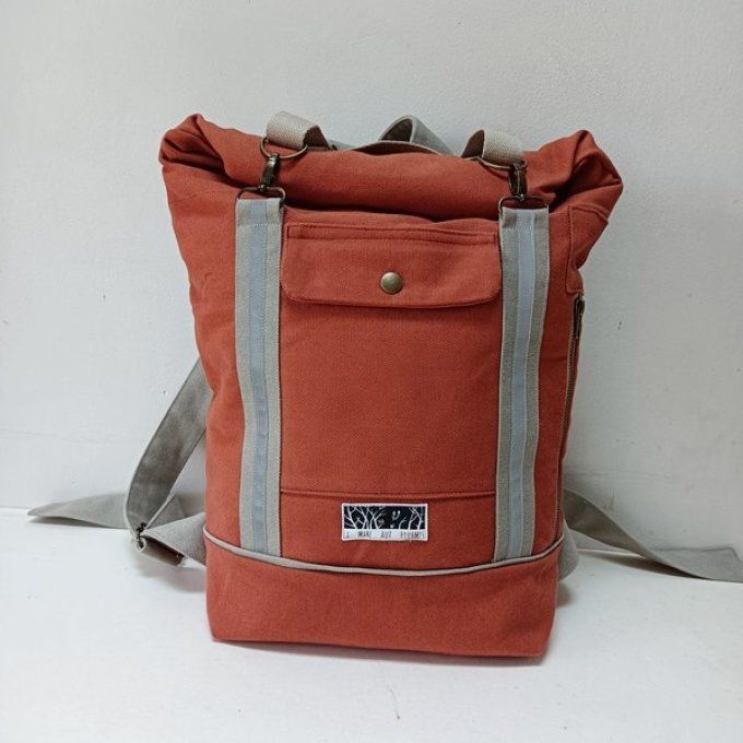 Sac à dos coursier toile coton Thèbes terracotta - beige
