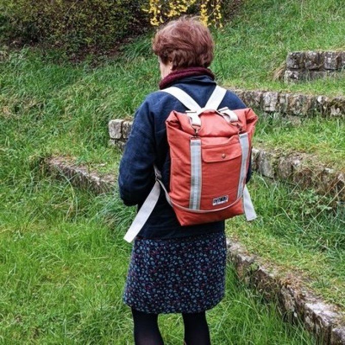 Sac à dos coursier toile coton Thèbes terracotta - beige