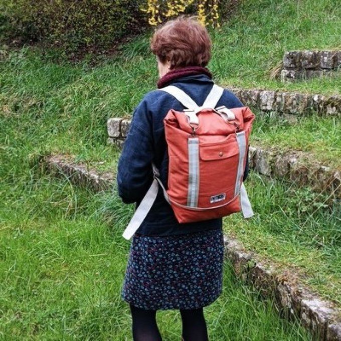 Sac à dos coursier-Toile terracotta/beige