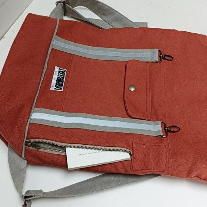 Sac à dos coursier toile coton Thèbes terracotta - beige