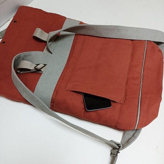 Sac à dos coursier toile coton Thèbes terracotta - beige