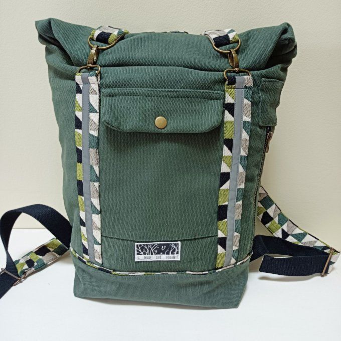 Sac à dos coursier toile coton Thèbes vert sauge - triangles
