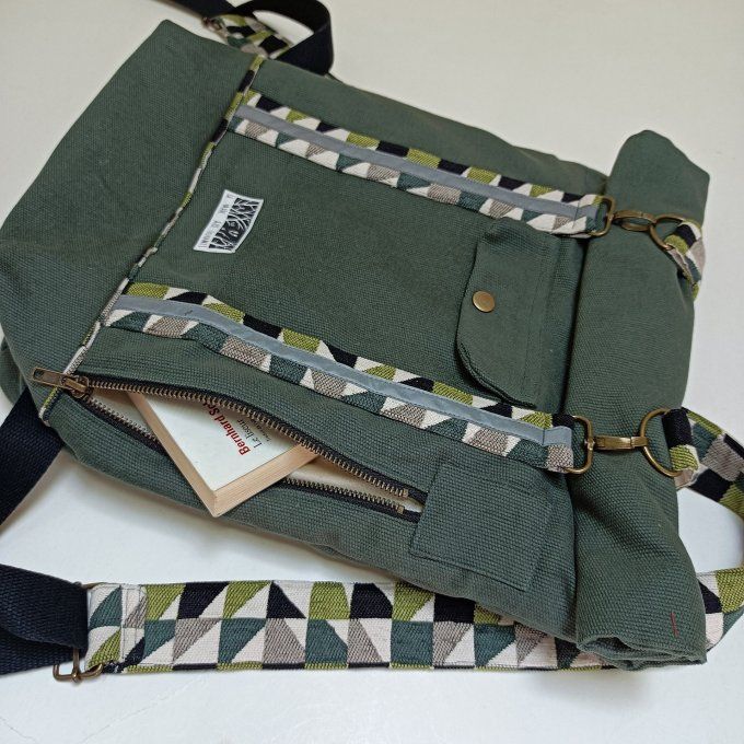 Sac à dos coursier toile coton Thèbes vert sauge - triangles