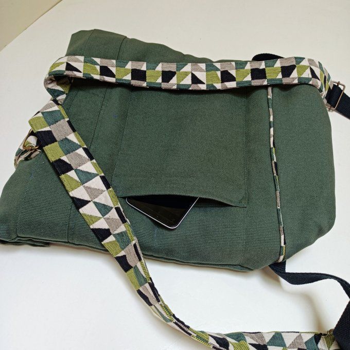 Sac à dos coursier toile coton Thèbes vert sauge - triangles