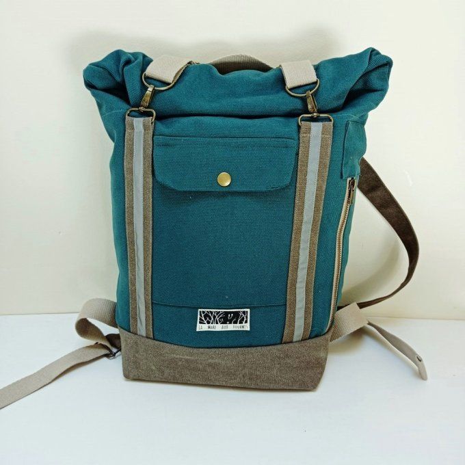 Sac à dos coursier toile coton Thébes vert/taupe