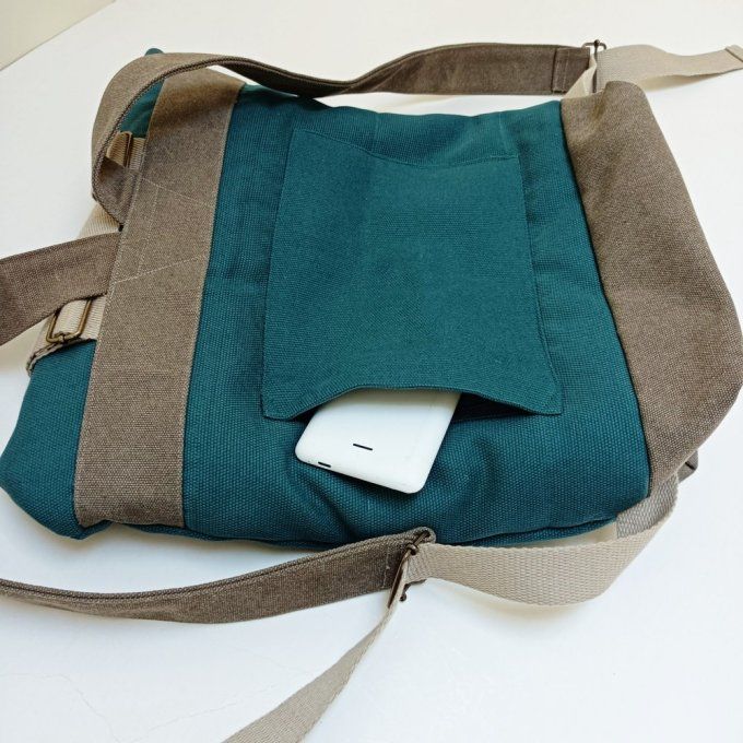 Sac à dos coursier toile coton Thébes vert/taupe