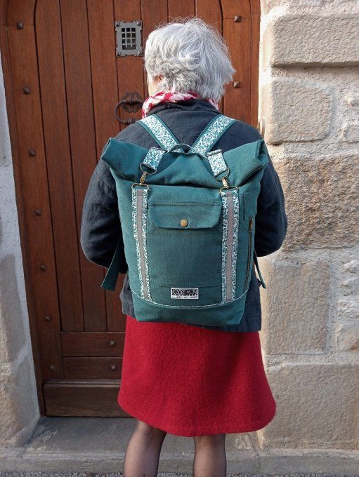 Sac à dos coursier toile coton Thèbes vert pin / fleurs