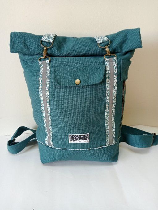 Sac à dos coursier toile coton Thèbes vert pin / fleurs