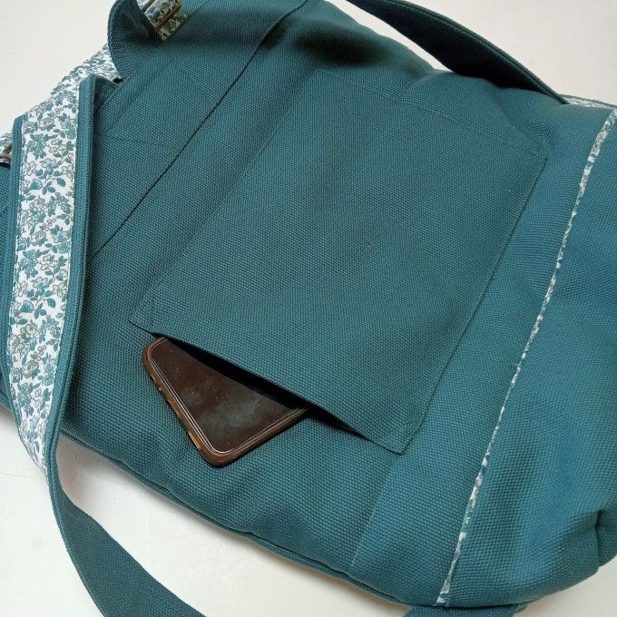 Sac à dos coursier toile coton Thèbes vert pin / fleurs