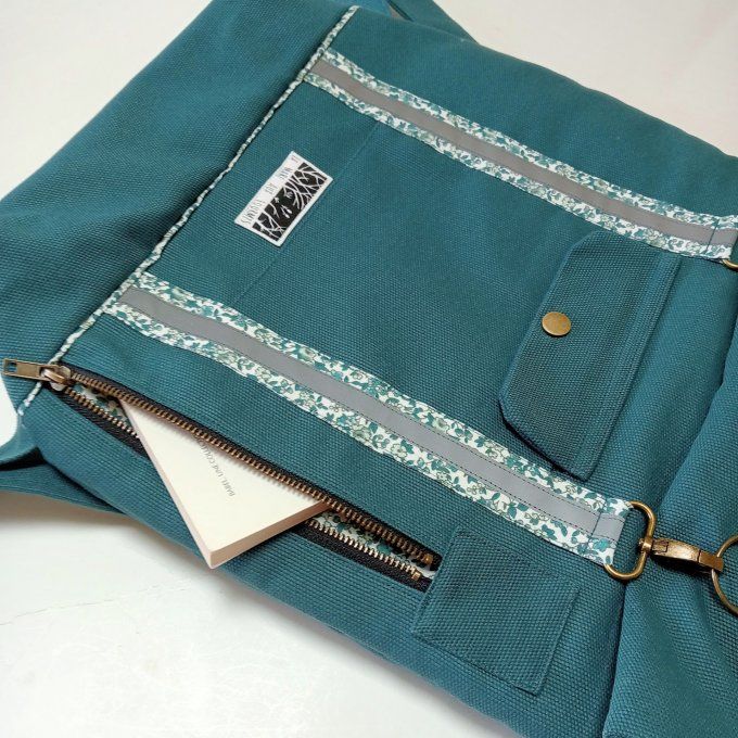 Sac à dos coursier toile coton Thèbes vert pin / fleurs