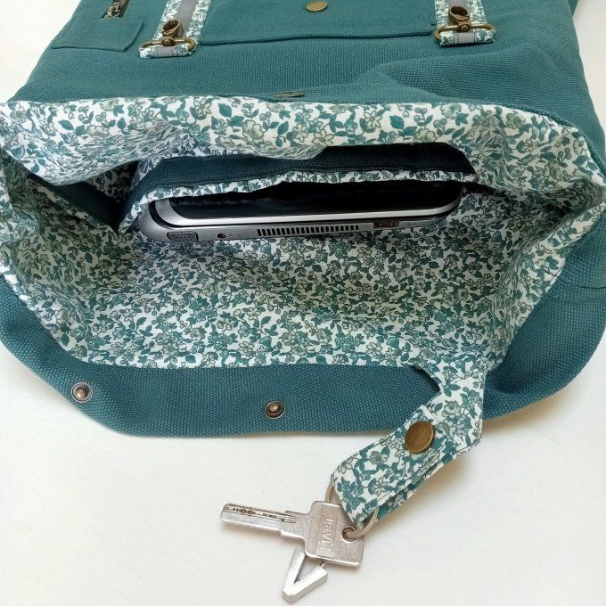 Sac à dos coursier toile coton Thèbes vert pin / fleurs