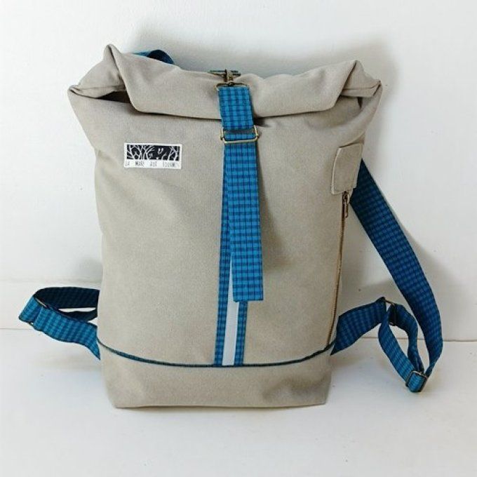 Sac à dos rolltop beige-bleu