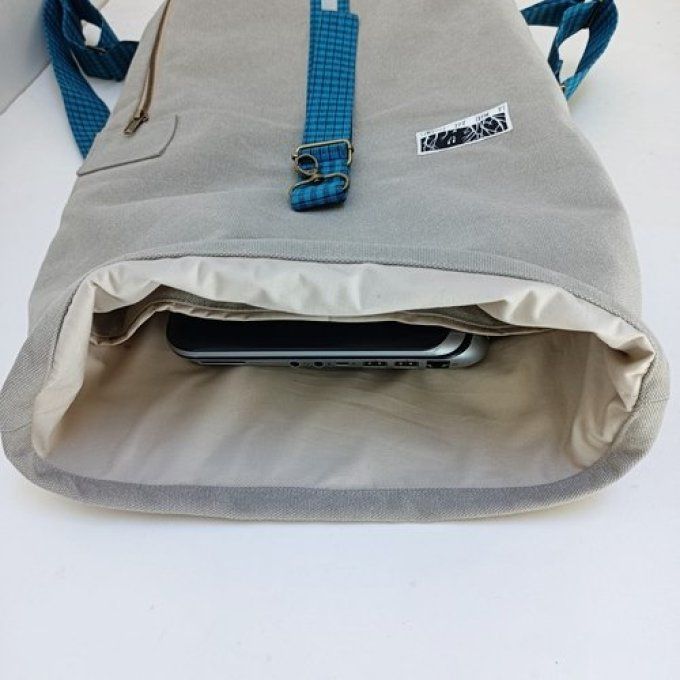 Sac à dos rolltop beige-bleu