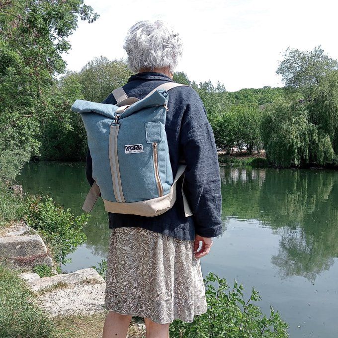 Sac à dos zip-top toile Cayman bleu denim - ficelle
