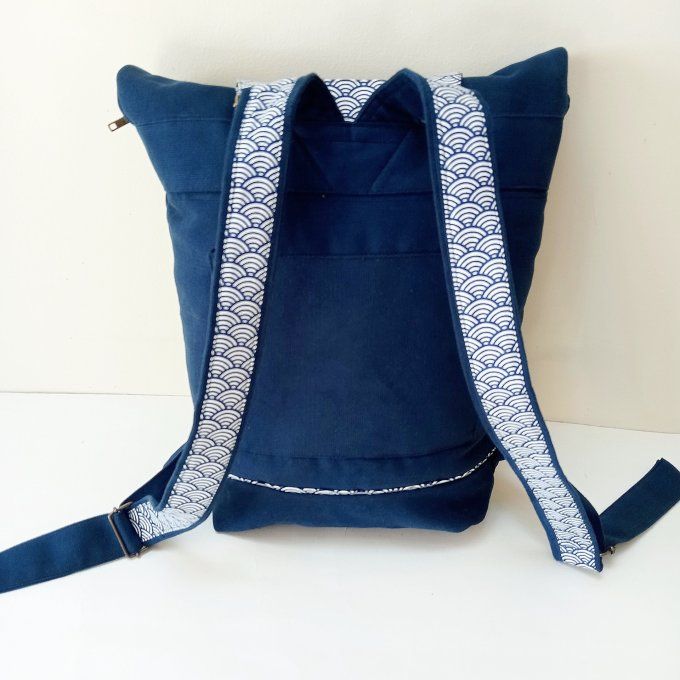 Sac à dos coursier toile coton Thèbes bleu outremer - imprimé vagues