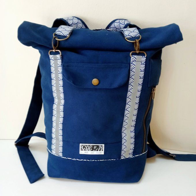Sac à dos coursier toile coton Thèbes bleu outremer - imprimé vagues