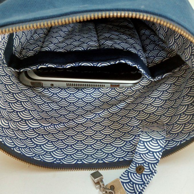 Sac à dos coursier toile coton Thèbes bleu outremer - imprimé vagues