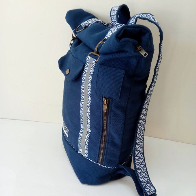 Sac à dos coursier toile coton Thèbes bleu outremer - imprimé vagues