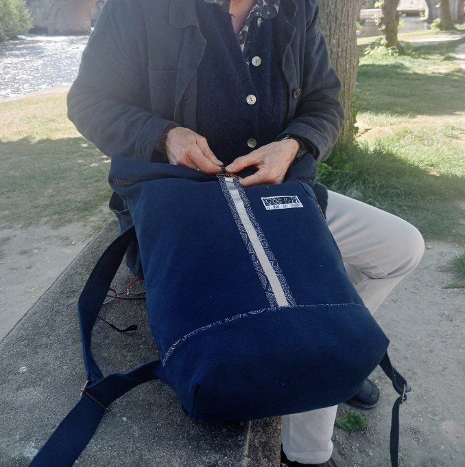 Sac à dos zip-top toile coton Thèbes bleu navy / volutes