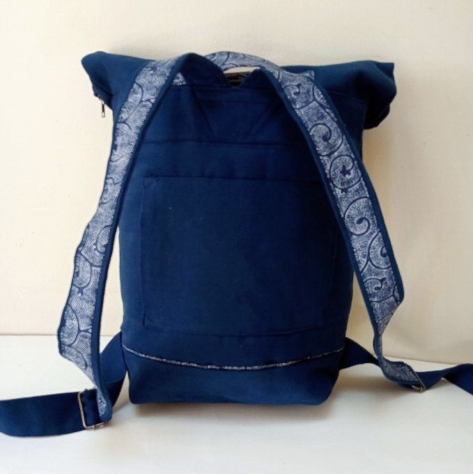 Sac à dos zip-top toile coton Thèbes bleu navy / volutes