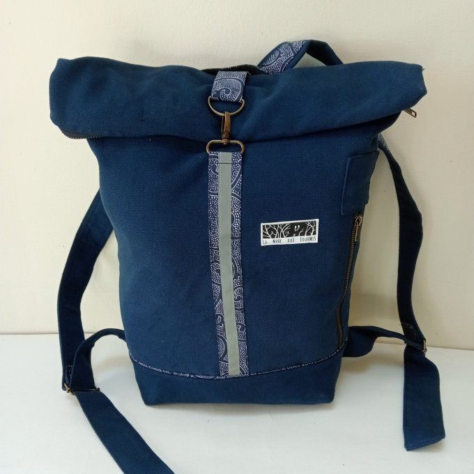 Sac à dos zip-top toile coton Thèbes bleu navy / volutes