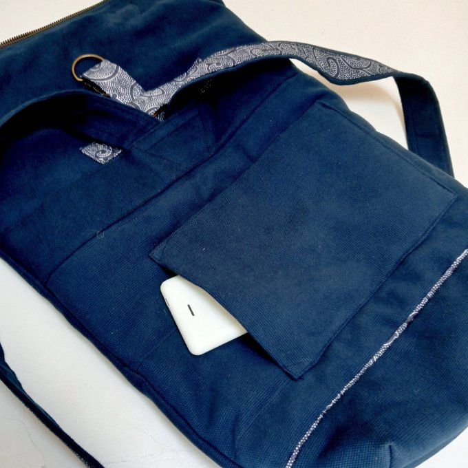Sac à dos zip-top toile coton Thèbes bleu navy / volutes