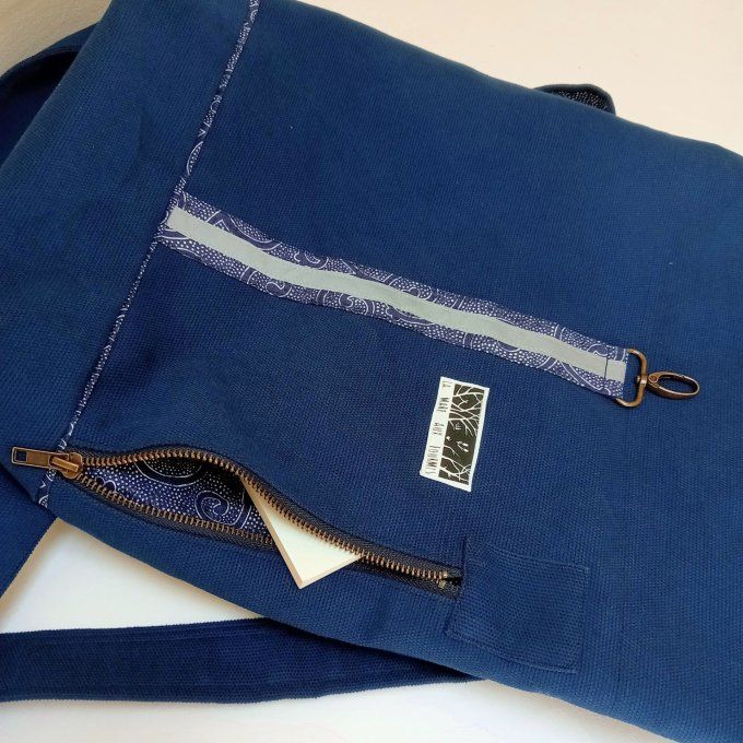 Sac à dos zip-top toile coton Thèbes bleu navy / volutes