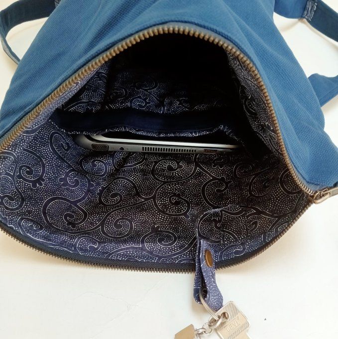Sac à dos zip-top toile coton Thèbes bleu navy / volutes