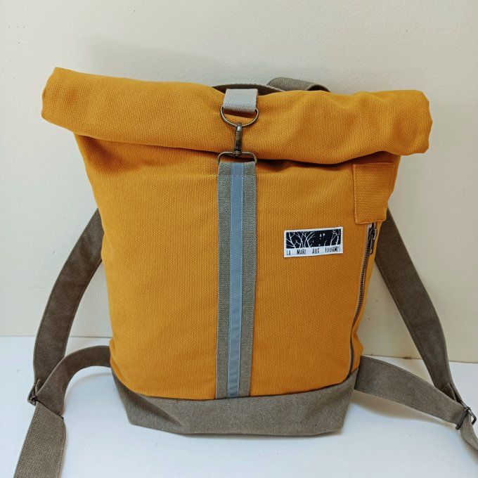 Sac à dos zip top toile coton Thèbes  safran/bronze