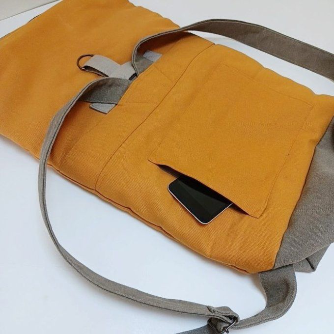 Sac à dos zip top toile coton Thèbes  safran/bronze