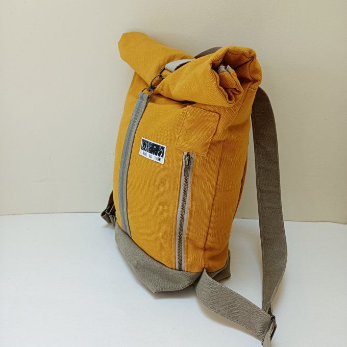 Sac à dos zip top toile coton Thèbes  safran/bronze
