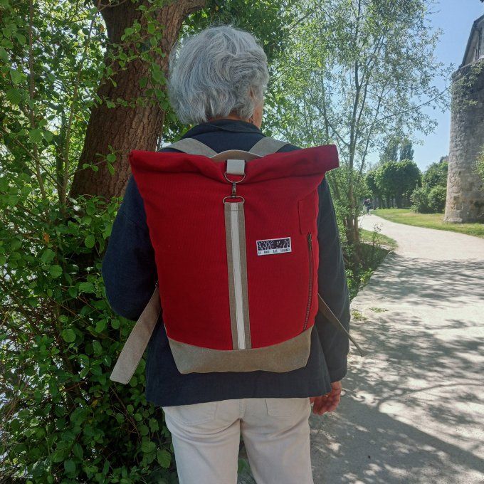 Sac à dos zip top toile coton Thèbes rouge/bronze