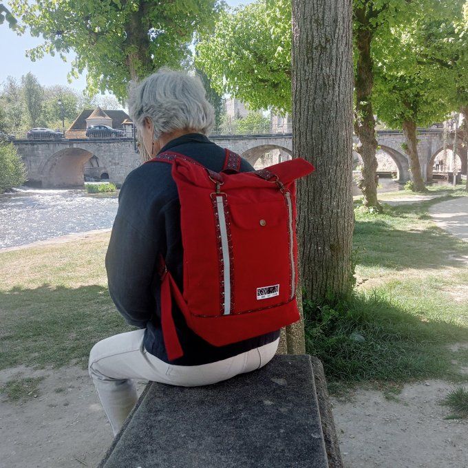 Sac à dos zip top toile coton Thèbes rouge/éventails