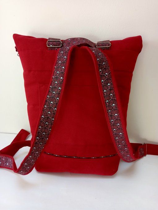 Sac à dos zip top toile coton Thèbes rouge/éventails