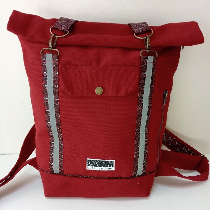 Sac à dos zip top toile coton Thèbes rouge/éventails