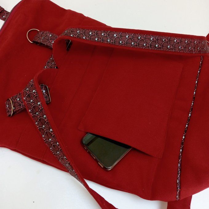 Sac à dos zip top toile coton Thèbes rouge/éventails