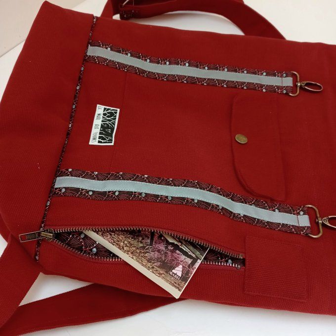 Sac à dos zip top toile coton Thèbes rouge/éventails