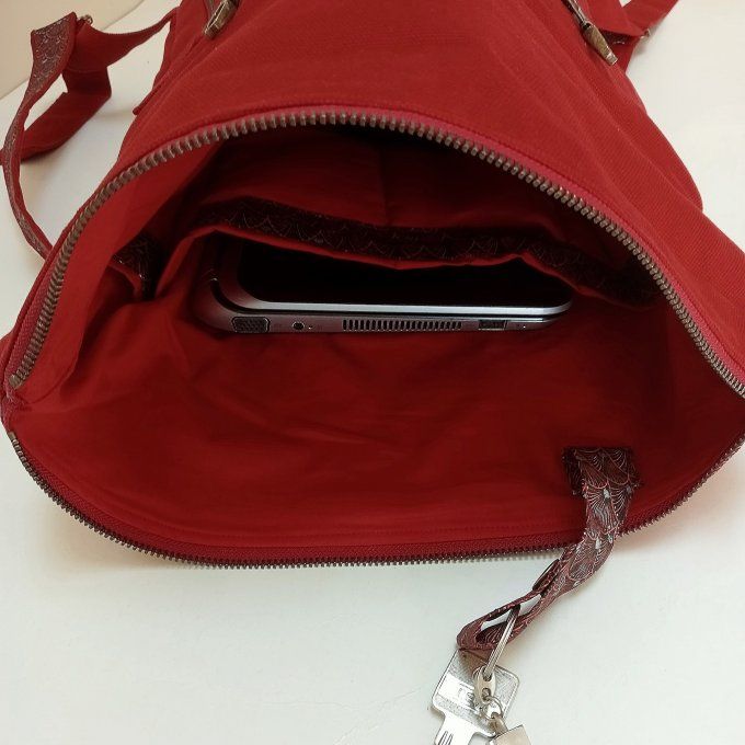 Sac à dos zip top toile coton Thèbes rouge/éventails
