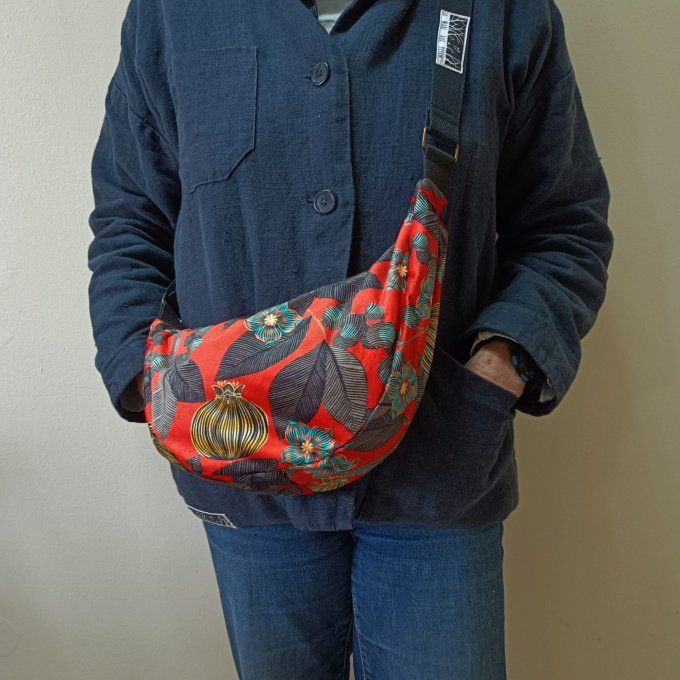 Sac demi-lune - velours Fruits du paradis -rouge/noir