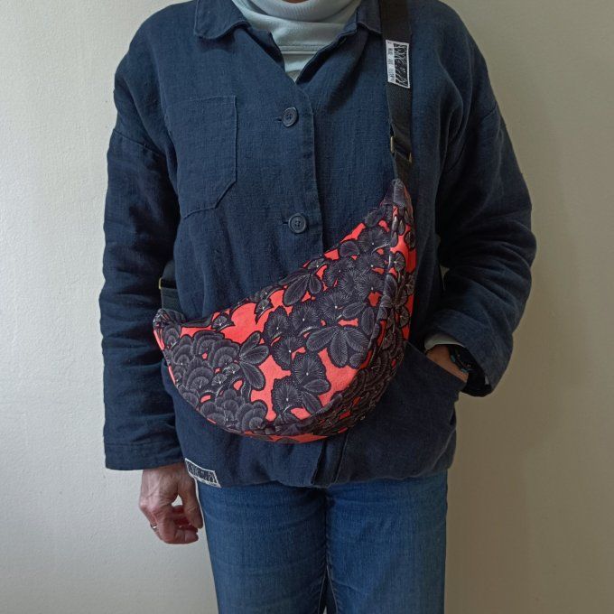 Sac demi-lune - velours Kew Garden  corail/noir