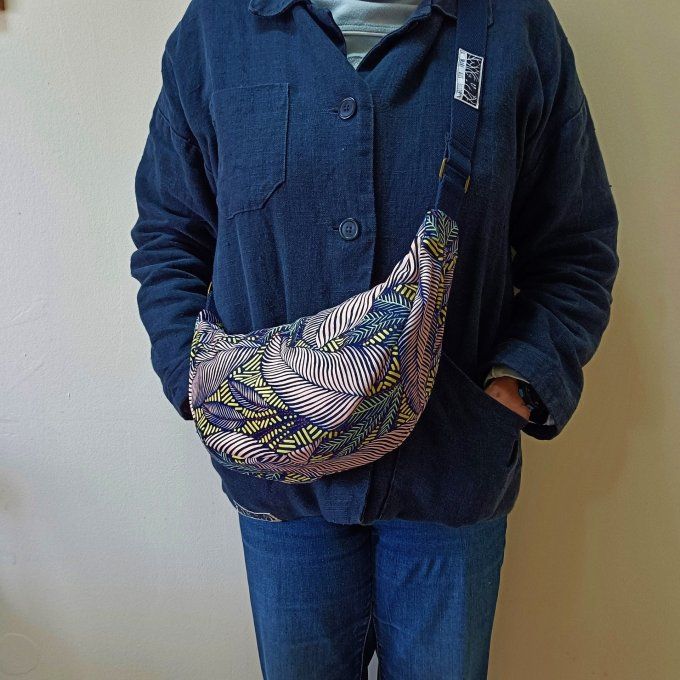 Sac demi-lune - velours Sintra bleu/rose