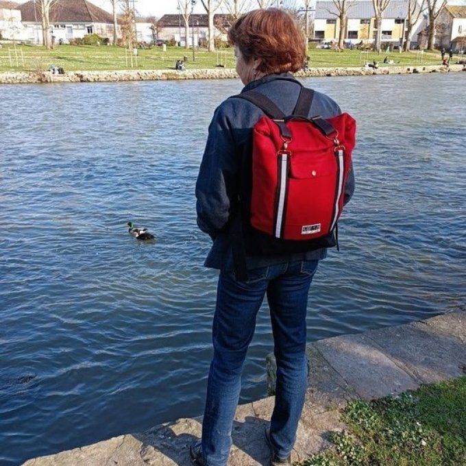 Sac à dos coursier toile coton Thèbes rouge carmin/noir