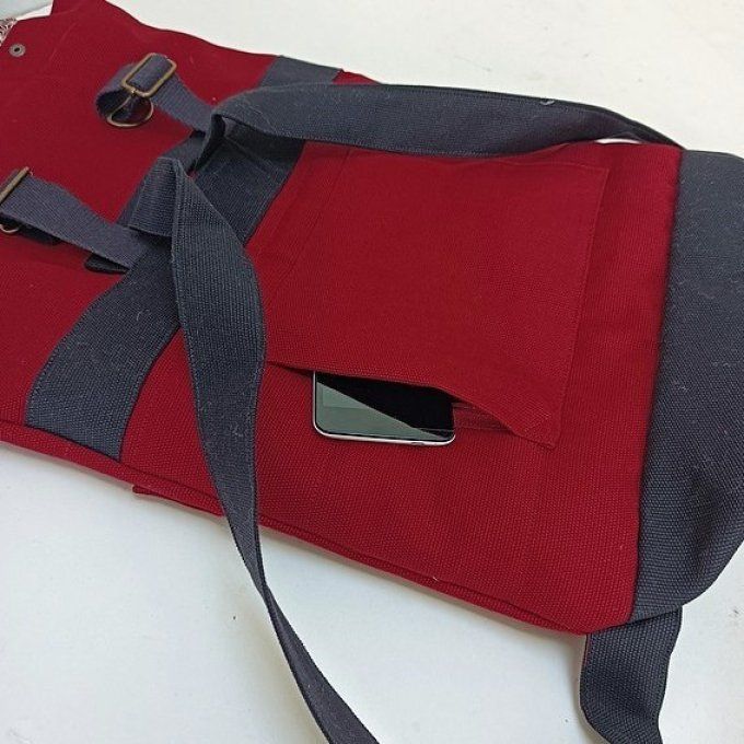 Sac à dos coursier toile coton Thèbes rouge carmin/noir