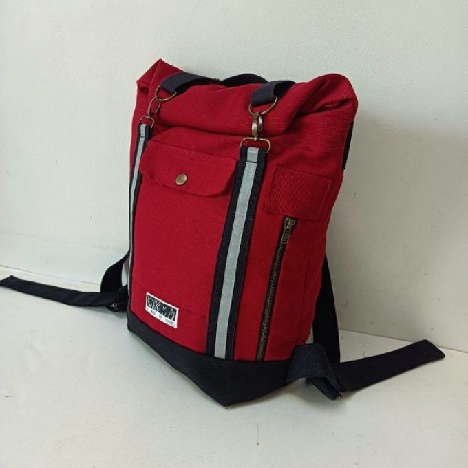 Sac à dos coursier toile coton Thèbes rouge carmin/noir