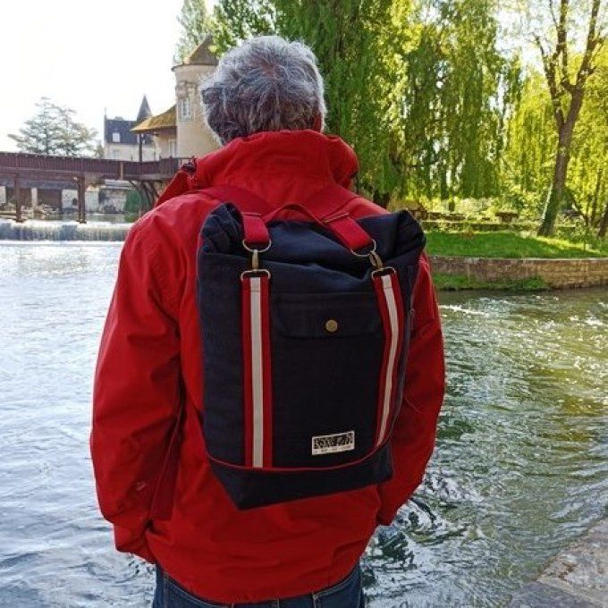Sac à dos coursier toile coton Thèbes noir - rouge 